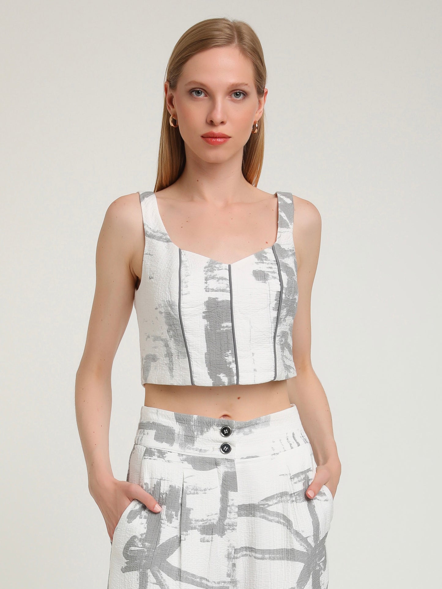 Blange Desenli Viskon Crop Top