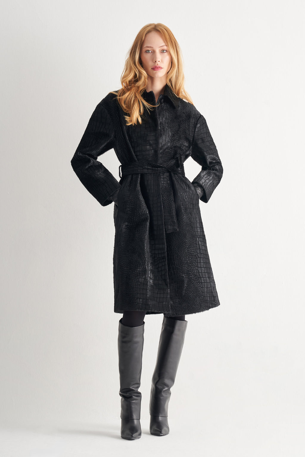 Utopian %100 Deri Krokodil Baskılı Tay Tüyü Trençkot