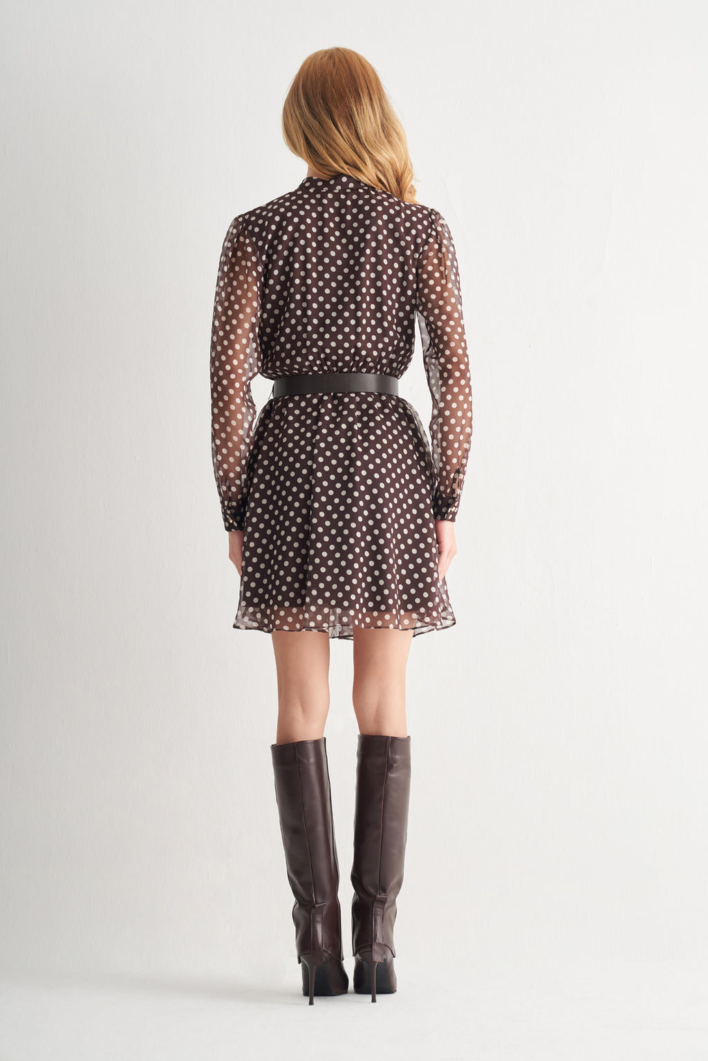 Utopian Puantiyeli Fırfır Yakalı Kemerli Mini Elbise