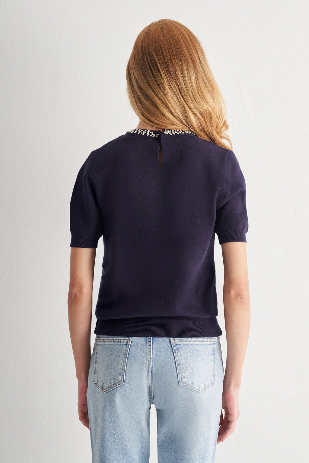 Utopian Yakası Taş İşlemeli Kısa Kollu Triko Üst