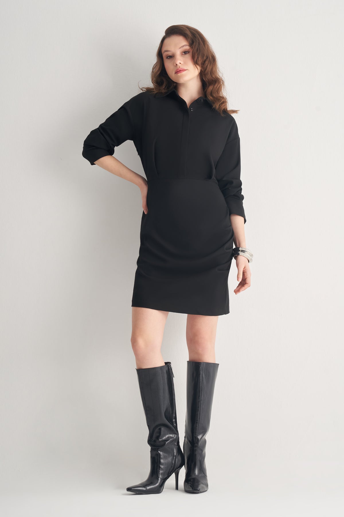 Utopian Gömlek Yaka Yan Drapeli Fit Mini Elbise