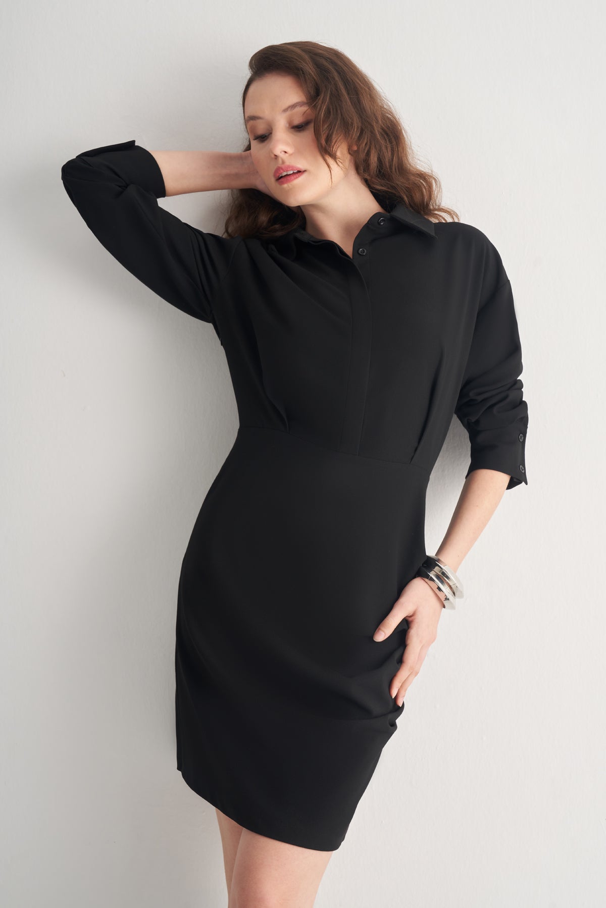 Utopian Gömlek Yaka Yan Drapeli Fit Mini Elbise