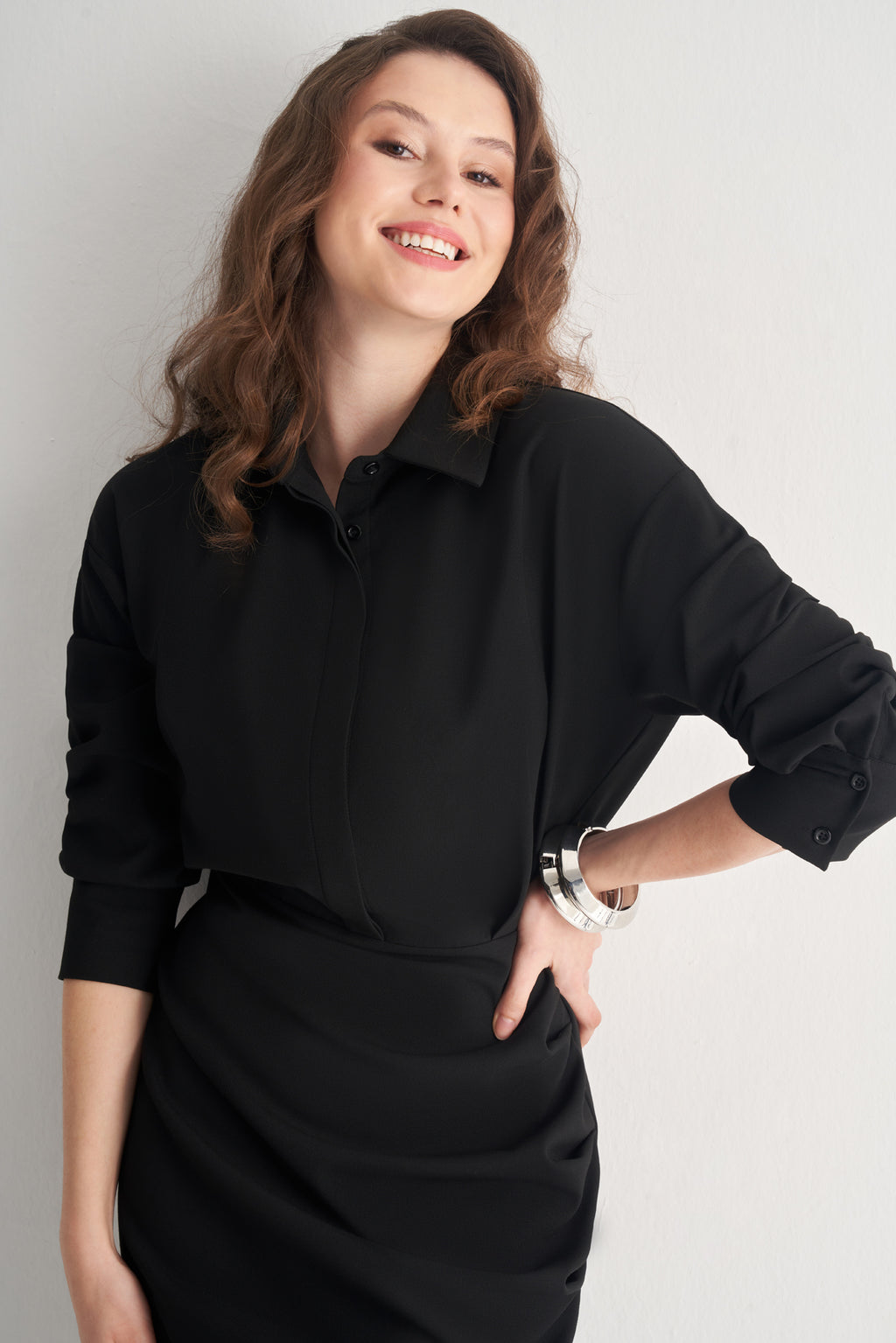 Utopian Gömlek Yaka Yan Drapeli Fit Mini Elbise