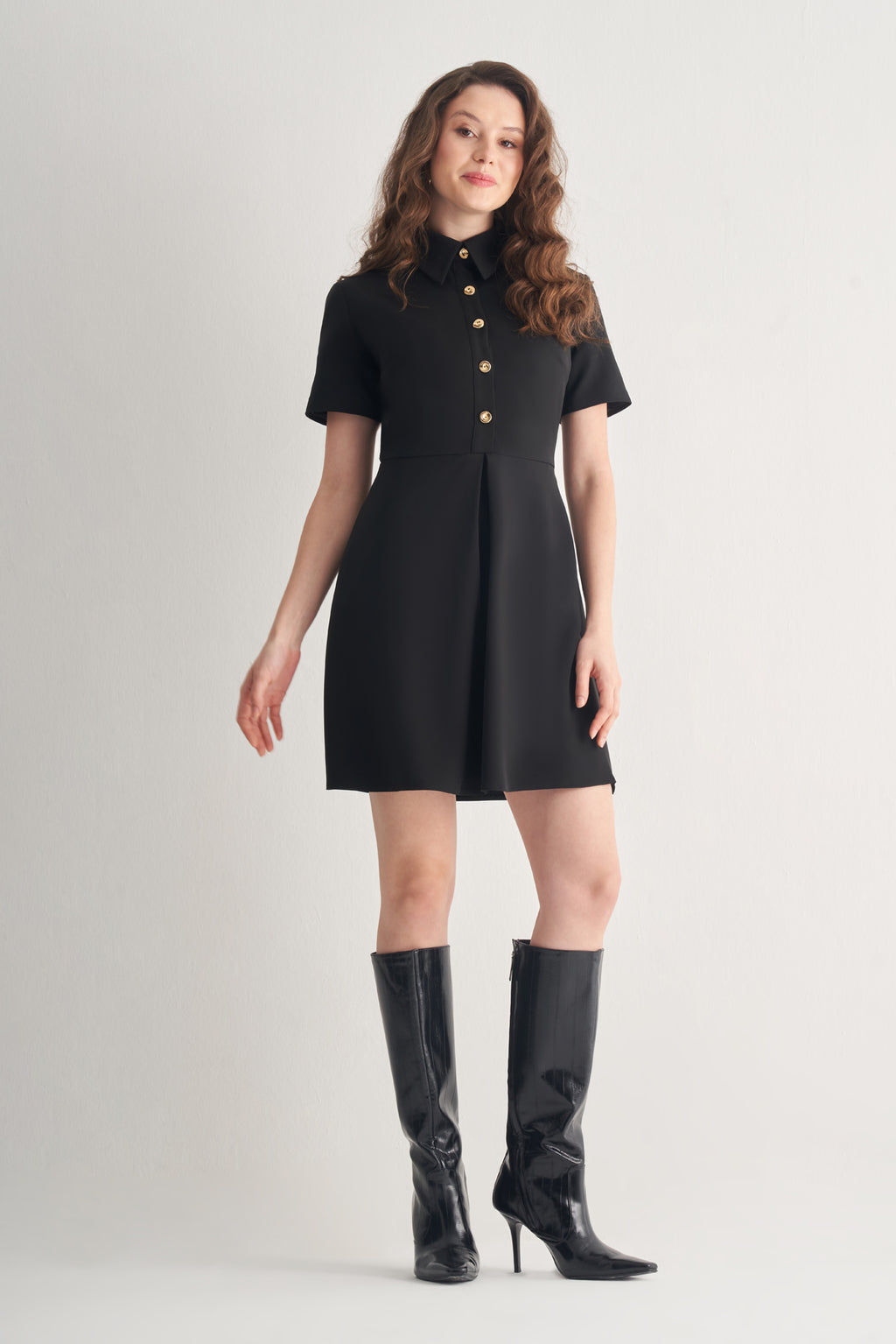 Utopian Gold Düğmeli Gömlek Yaka Mini Elbise