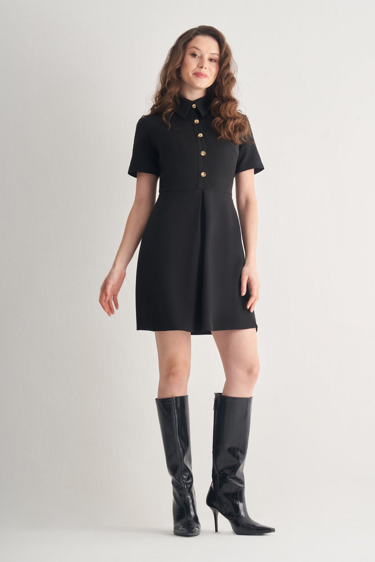 Utopian Gold Düğmeli Gömlek Yaka Mini Elbise