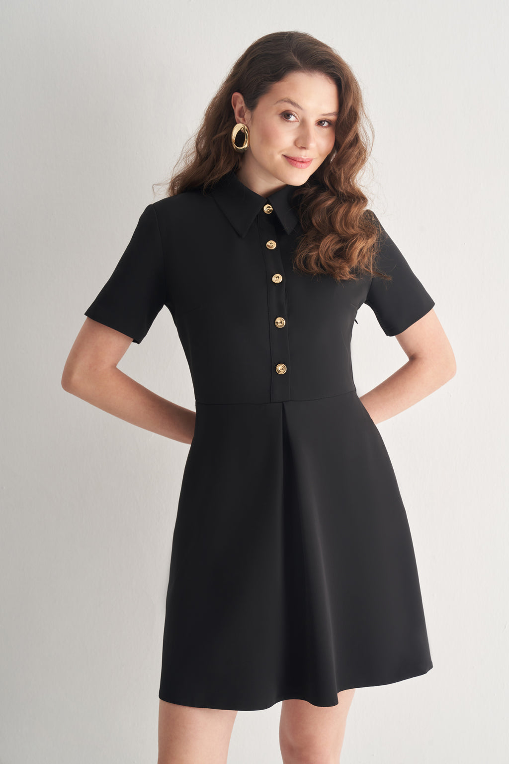 Utopian Gold Düğmeli Gömlek Yaka Mini Elbise