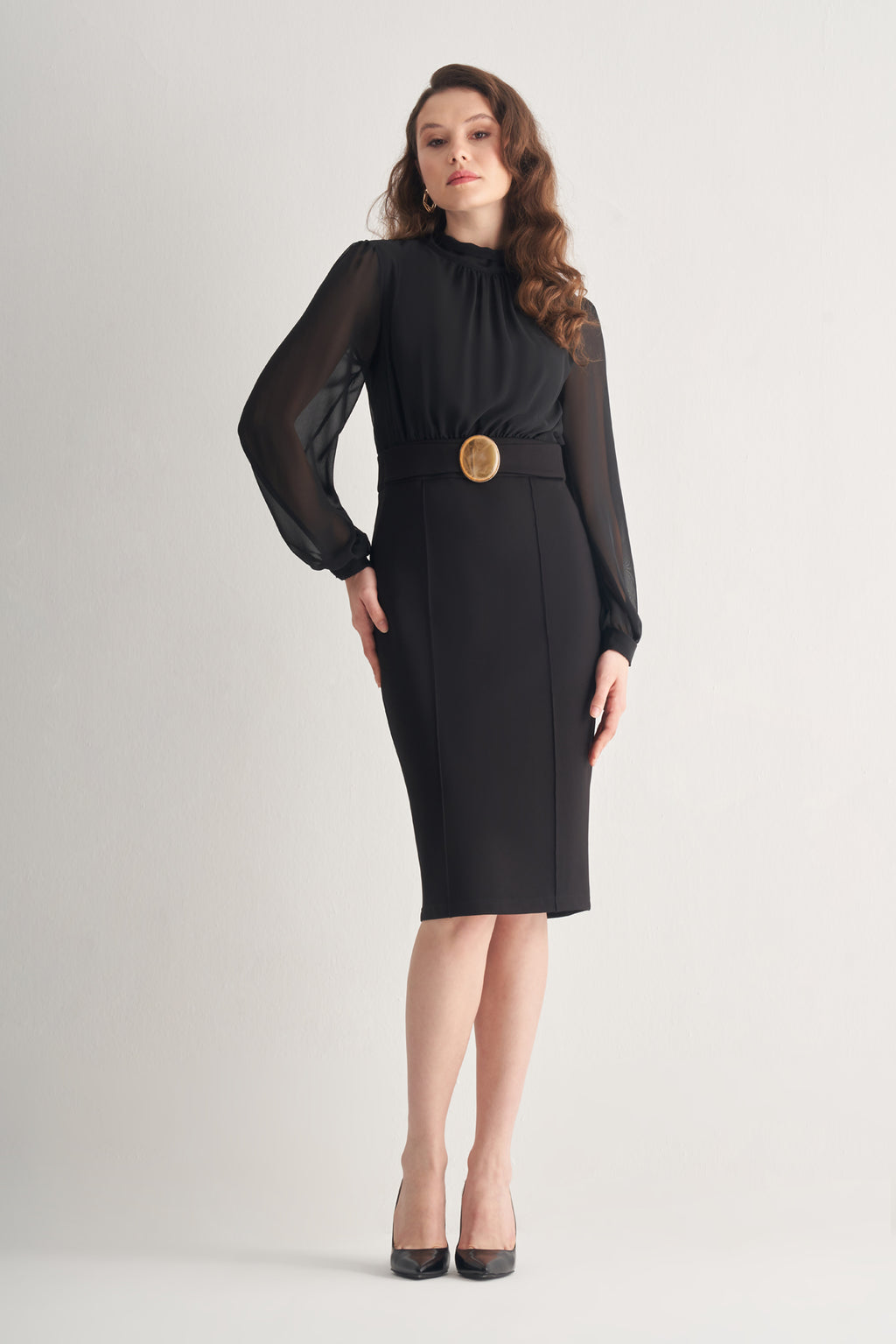 Utopian Şifon Kollu Yüksek Yaka Tokalı Kalem Elbise