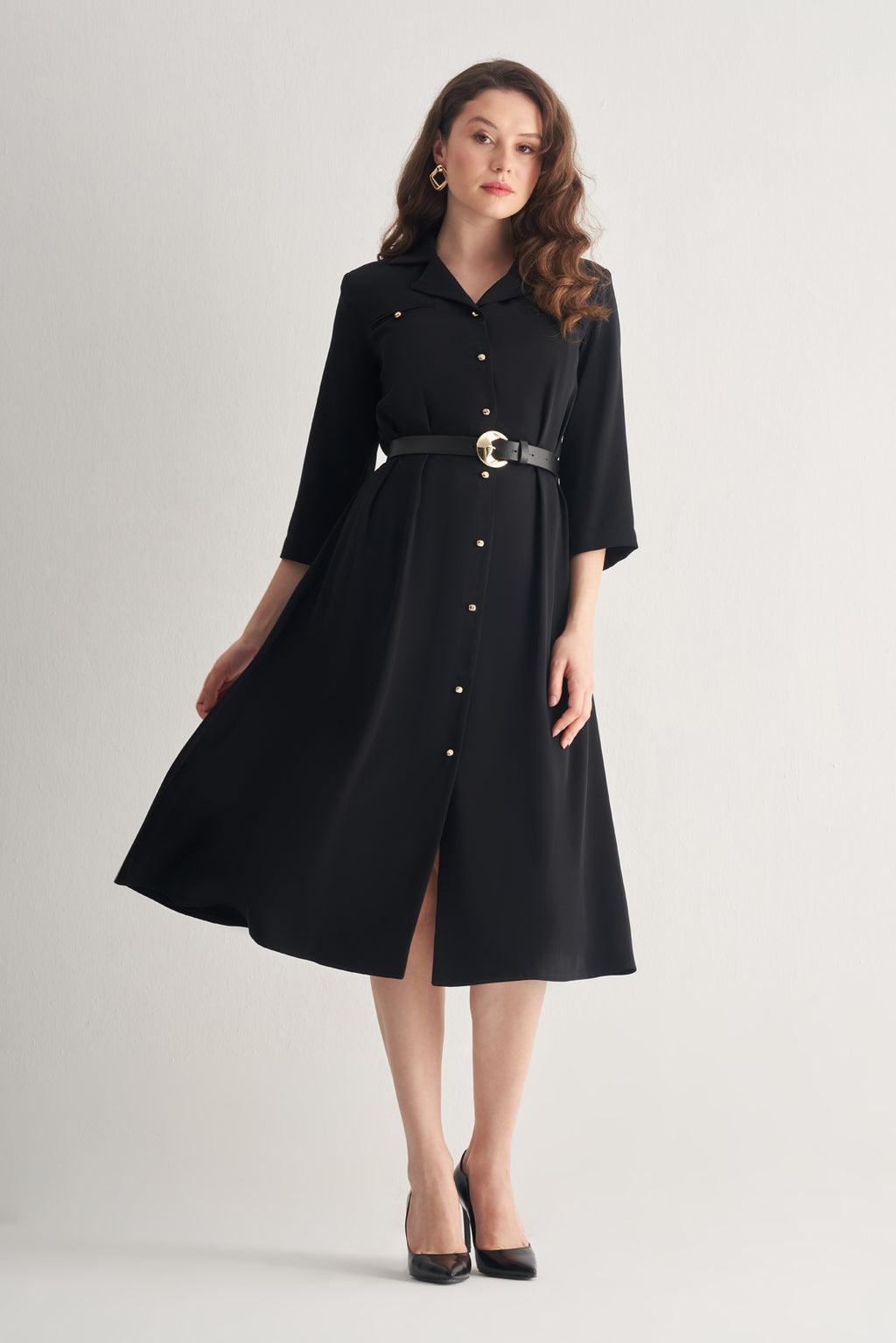 Utopian Gold Düğmeli Ceket Yaka Midi Elbise