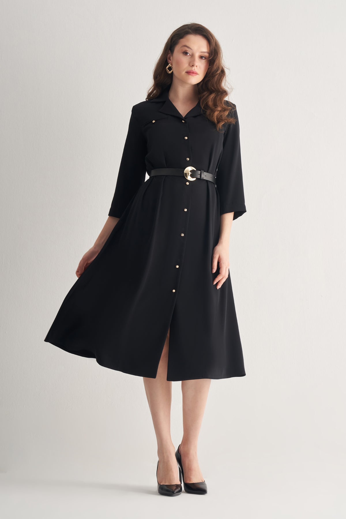 Utopian Gold Düğmeli Ceket Yaka Midi Elbise