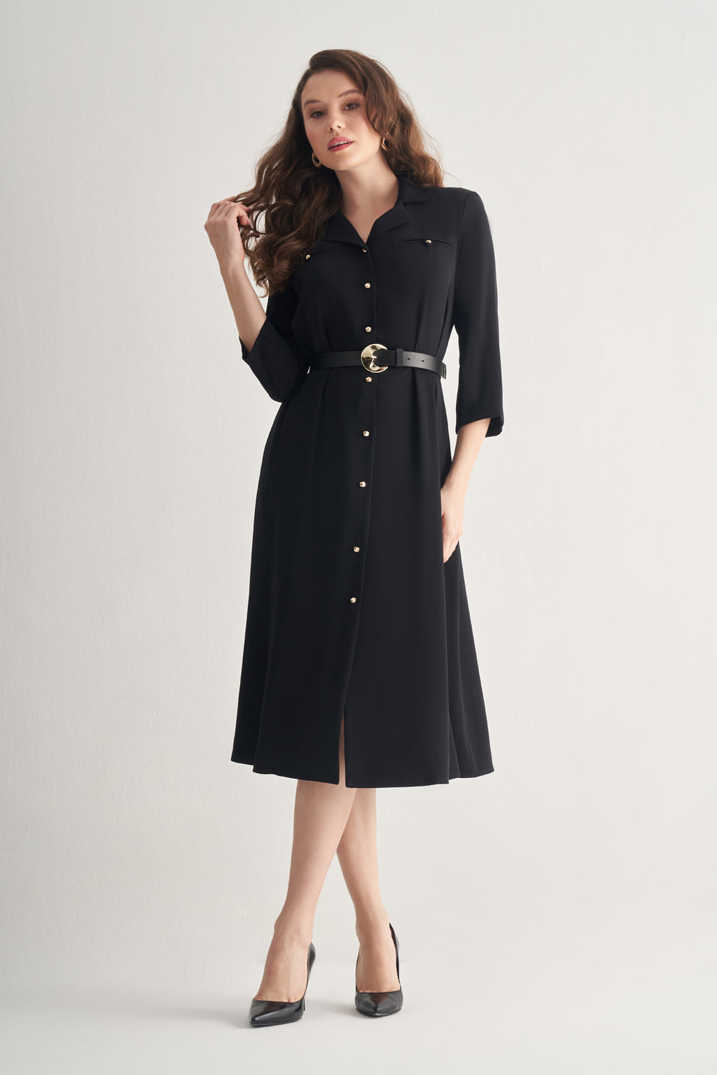 Utopian Gold Düğmeli Ceket Yaka Midi Elbise