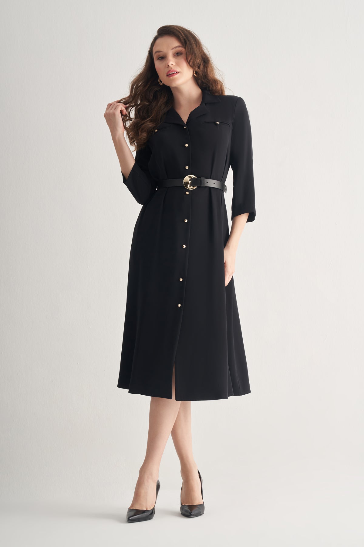 Utopian Gold Düğmeli Ceket Yaka Midi Elbise