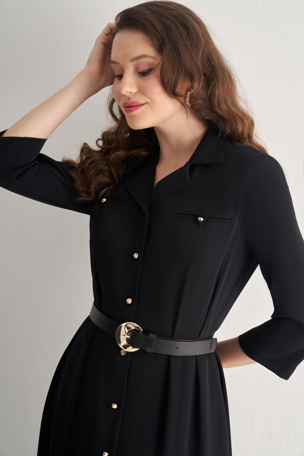 Utopian Gold Düğmeli Ceket Yaka Midi Elbise