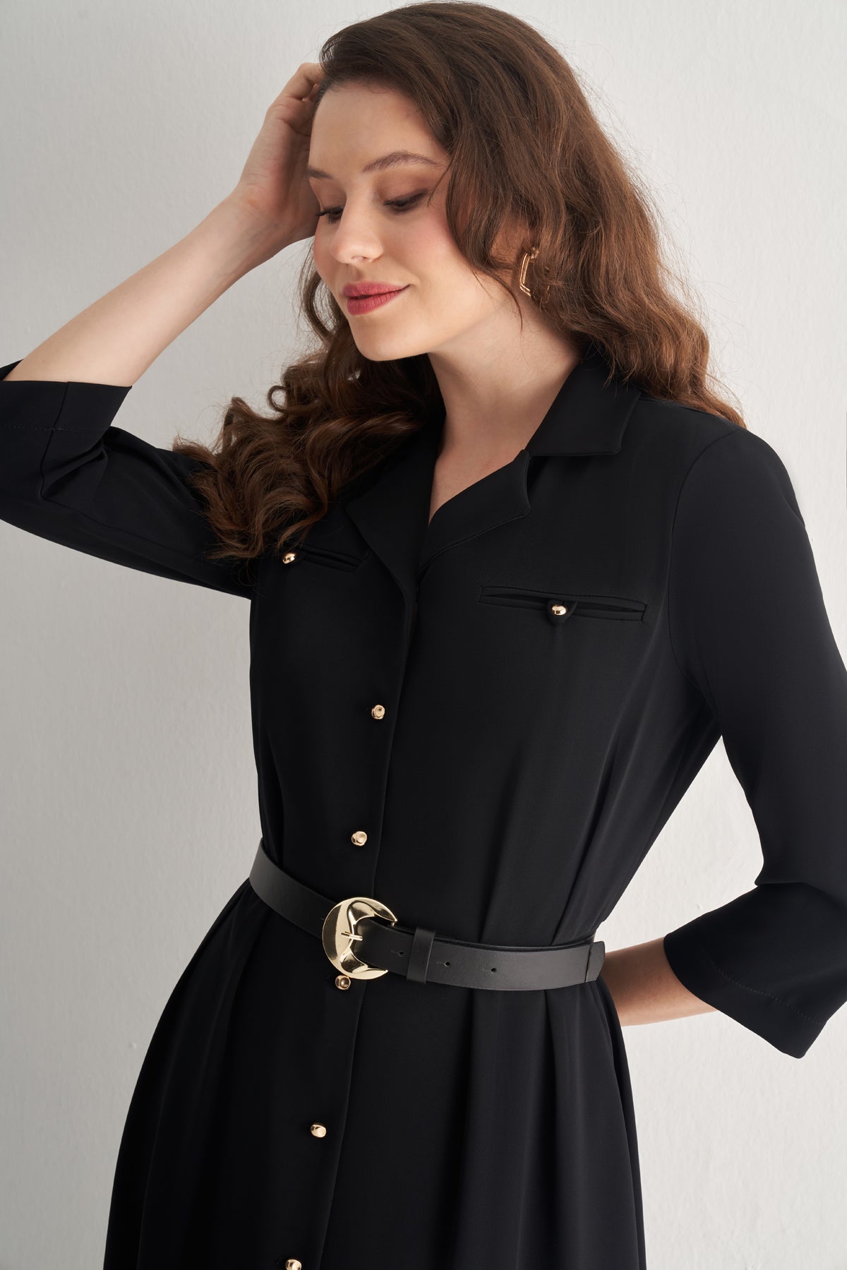 Utopian Gold Düğmeli Ceket Yaka Midi Elbise