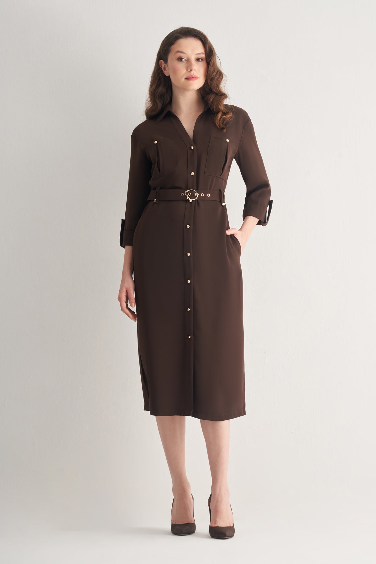 Utopian Gold Düğmeli Ceket Yaka Midi Elbise