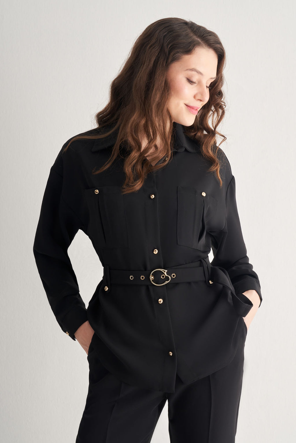 Utopian Kemerli Gold Düğme Detaylı Gömlek