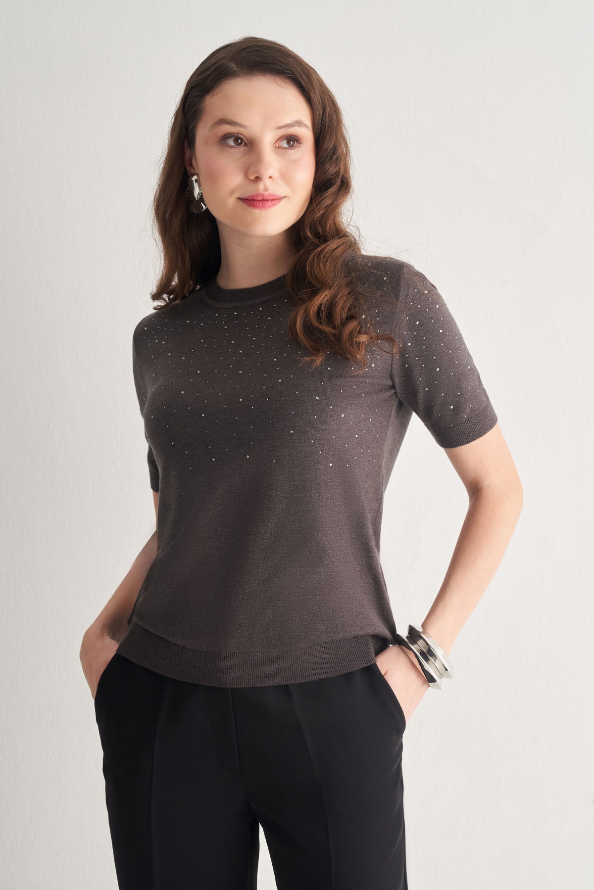 Utopian Taş İşlemeli Kısa Kol Triko