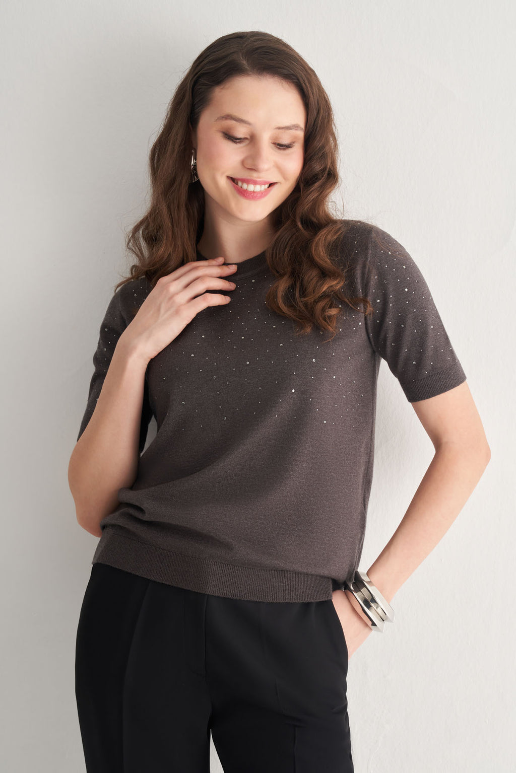 Utopian Taş İşlemeli Kısa Kol Triko