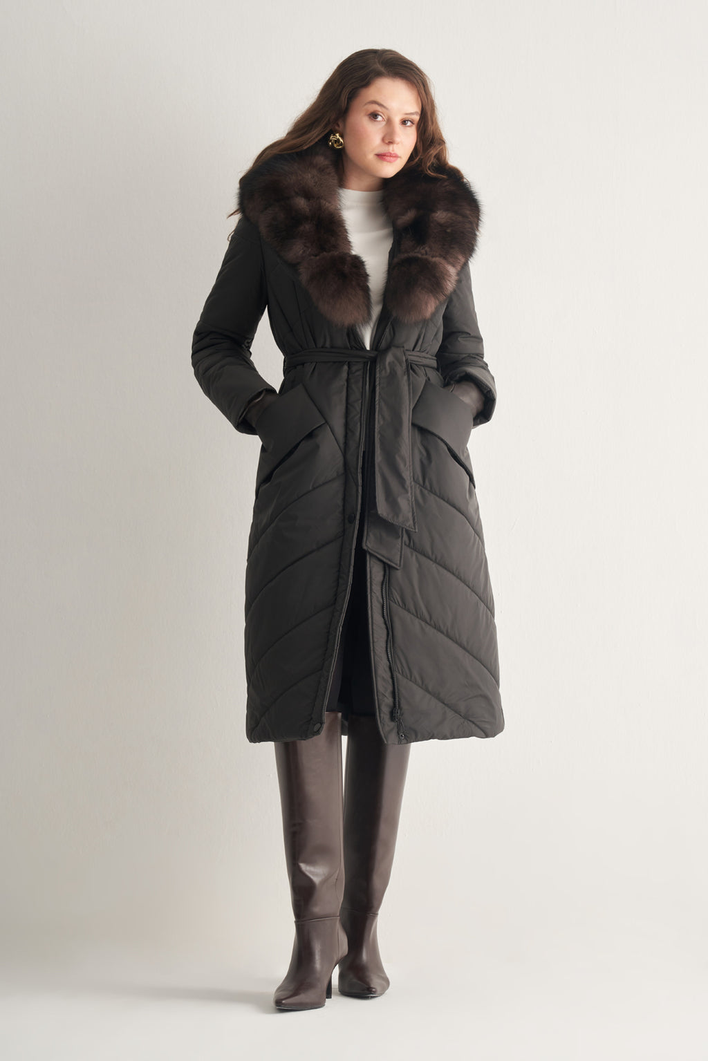 Utopian Kürk Yakalı Uzun Kapitoneli Kaban