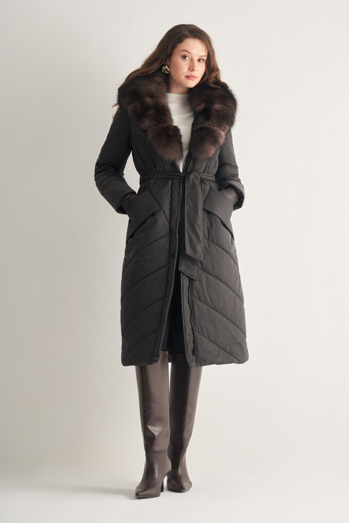 Utopian Kürk Yakalı Uzun Kapitoneli Kaban