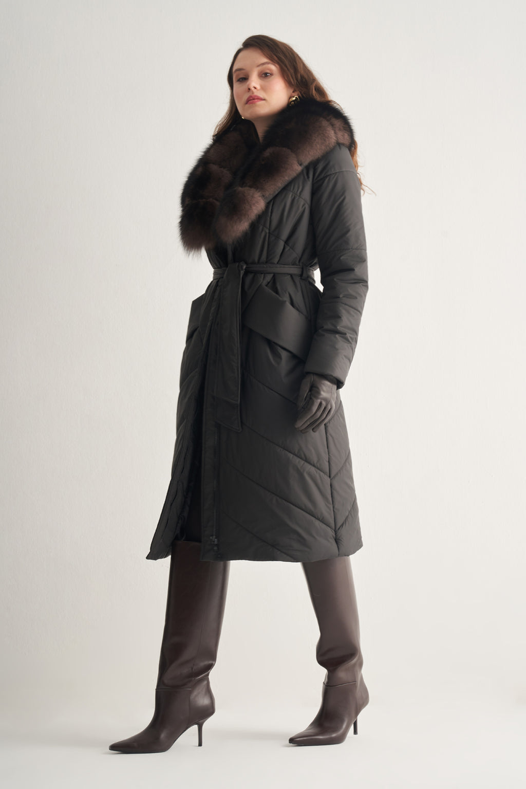 Utopian Kürk Yakalı Uzun Kapitoneli Kaban