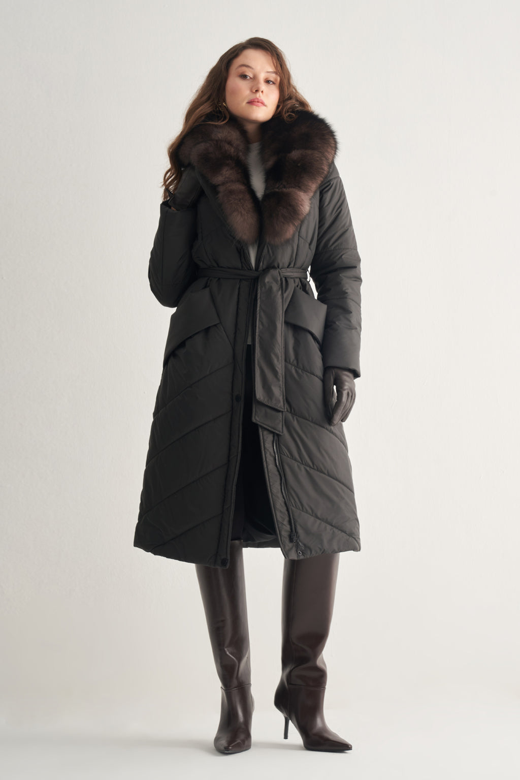 Utopian Kürk Yakalı Uzun Kapitoneli Kaban