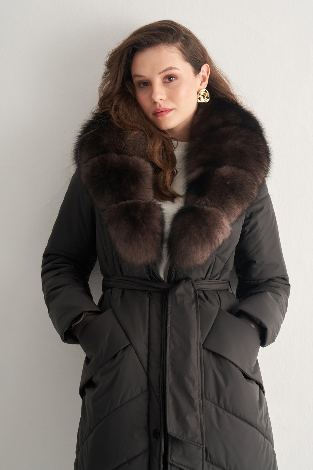 Utopian Kürk Yakalı Uzun Kapitoneli Kaban