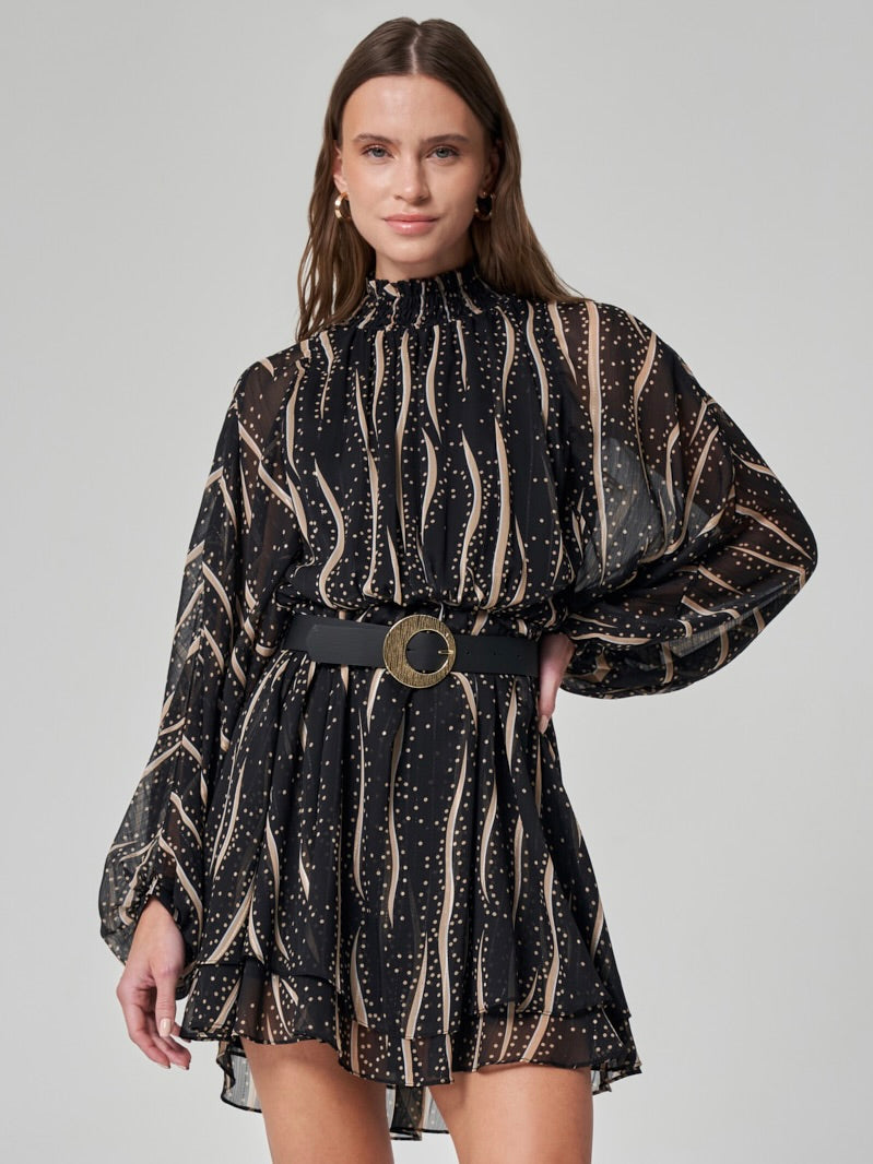 Utopian Desenli Kemerli Şifon Elbise