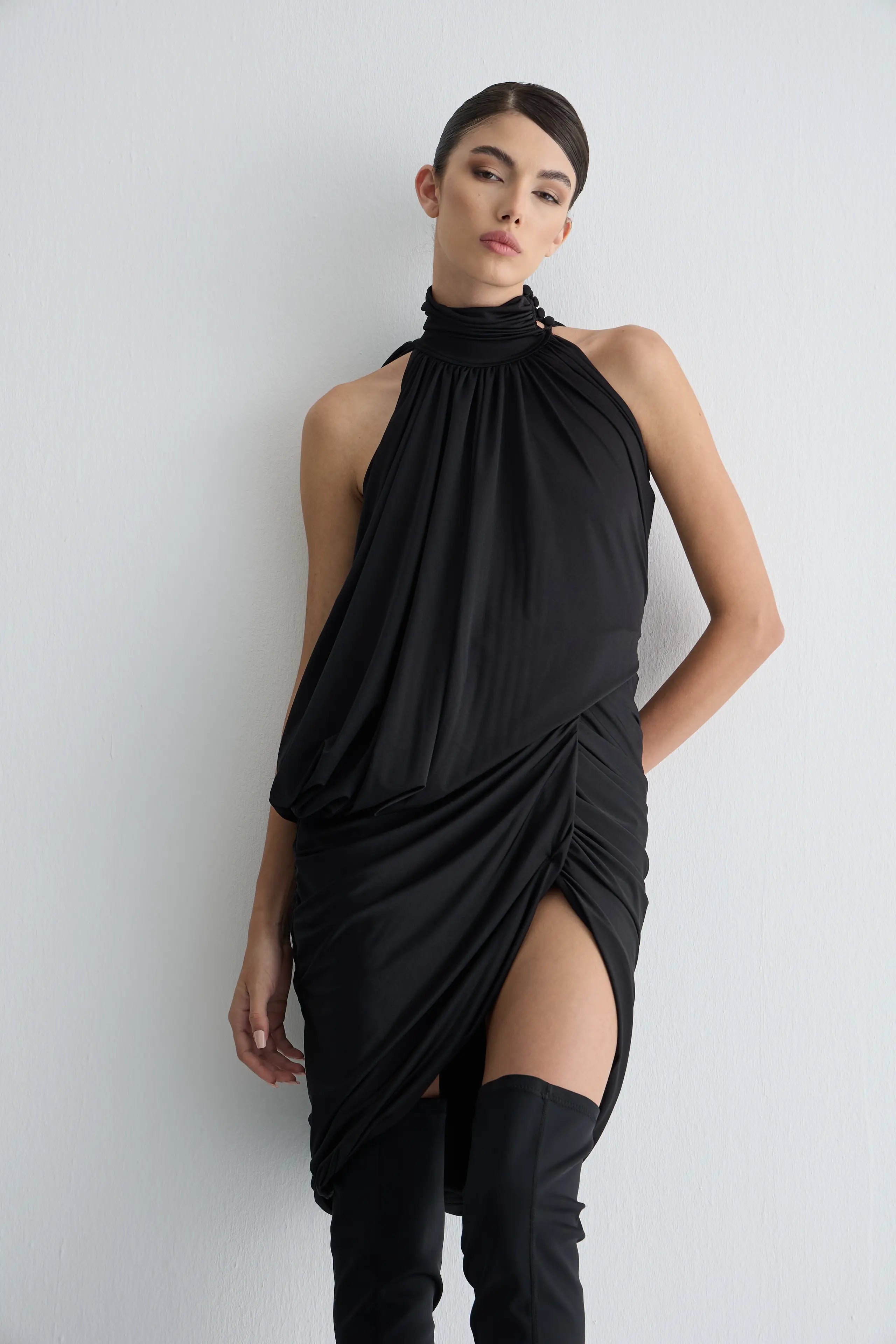 Gaia n Uranos Drapeli Halter Yaka Mini Elbise