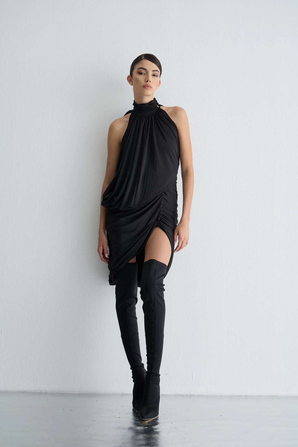 Gaia n Uranos Drapeli Halter Yaka Mini Elbise