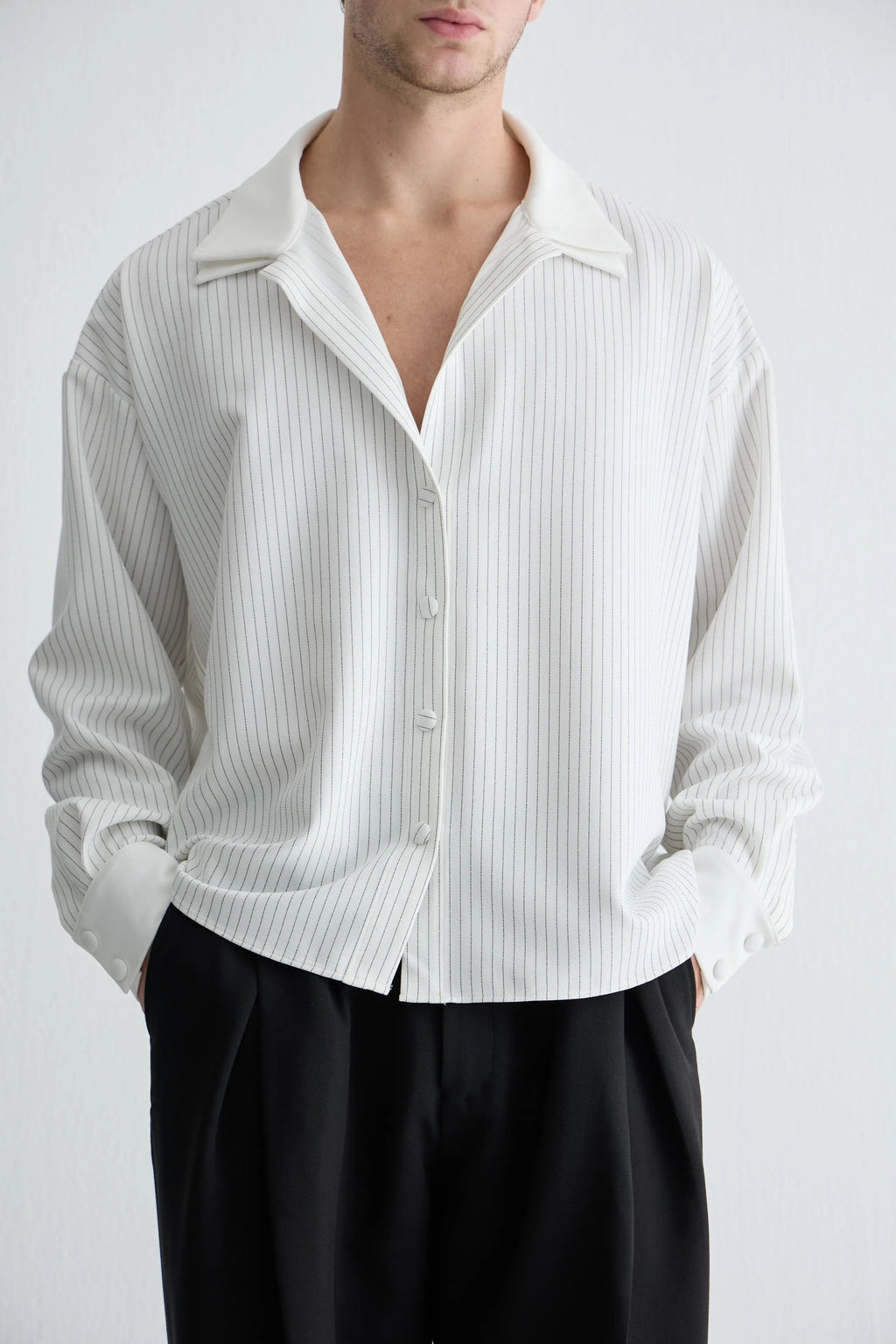 Gaia n Uranos Çizgili Çift Yaka Oversize Beyaz Gömlek