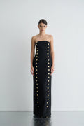 Gaia n Uranos Straplez Düğme Detaylı Siyah Uzun Elbise