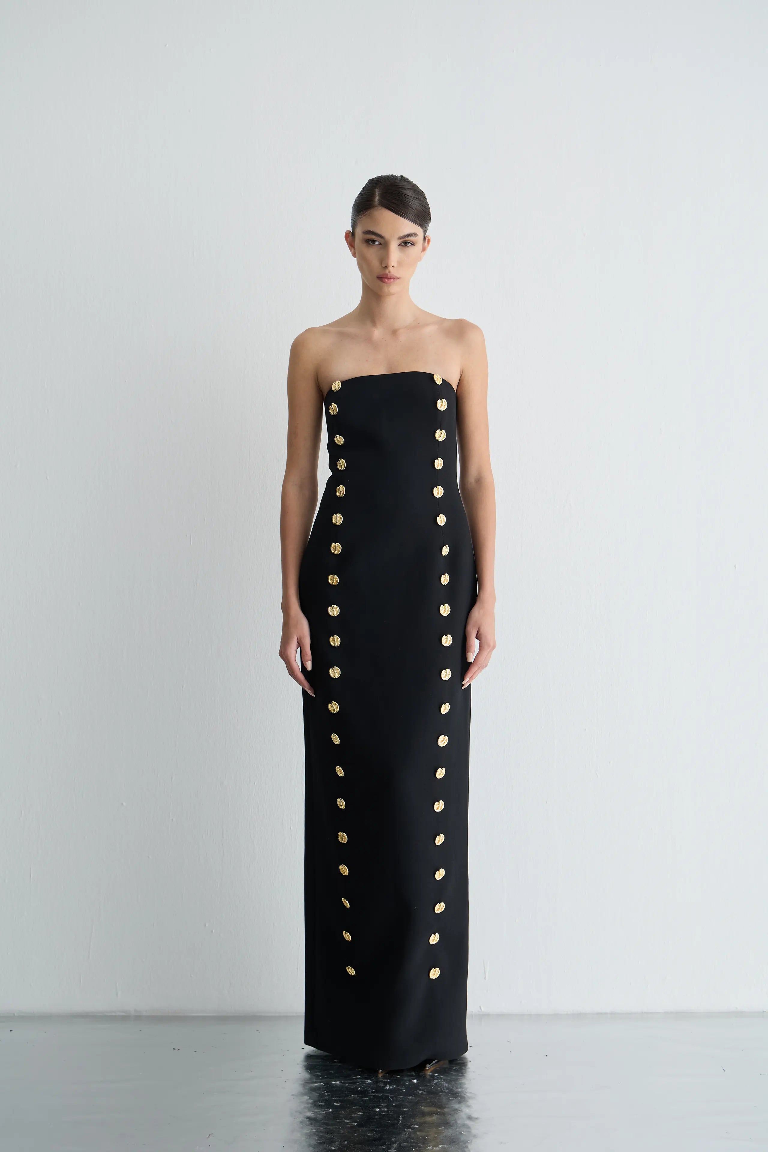 Gaia n Uranos Straplez Düğme Detaylı Siyah Uzun Elbise