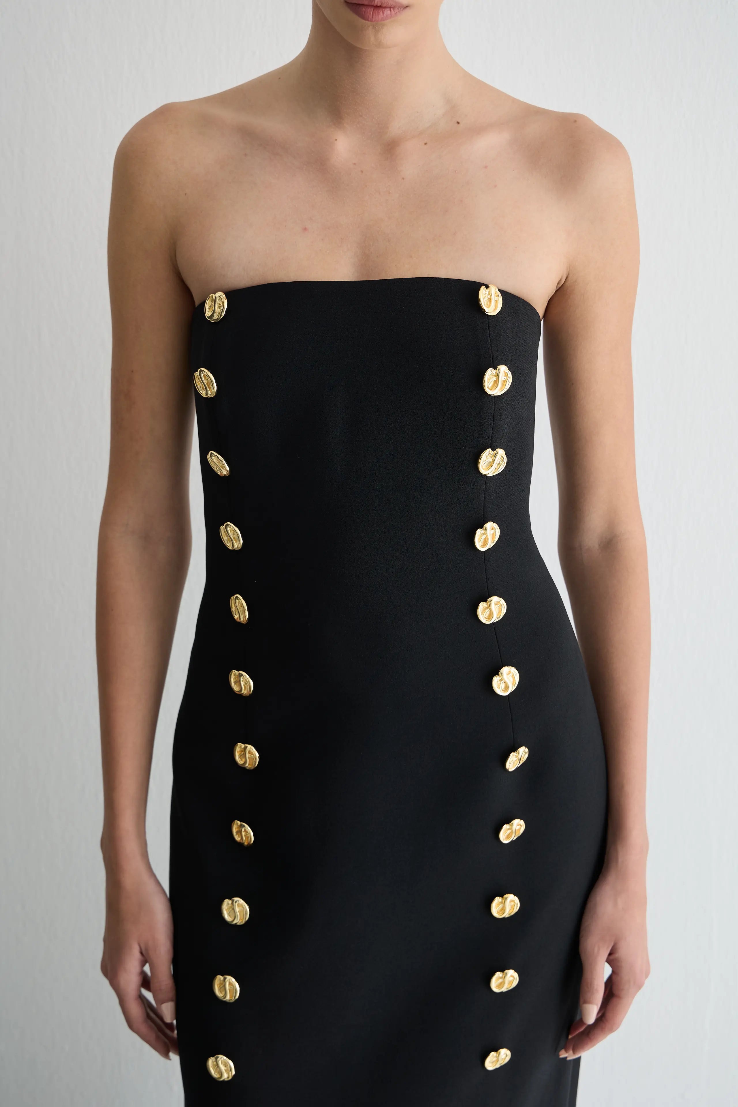 Gaia n Uranos Straplez Düğme Detaylı Siyah Uzun Elbise