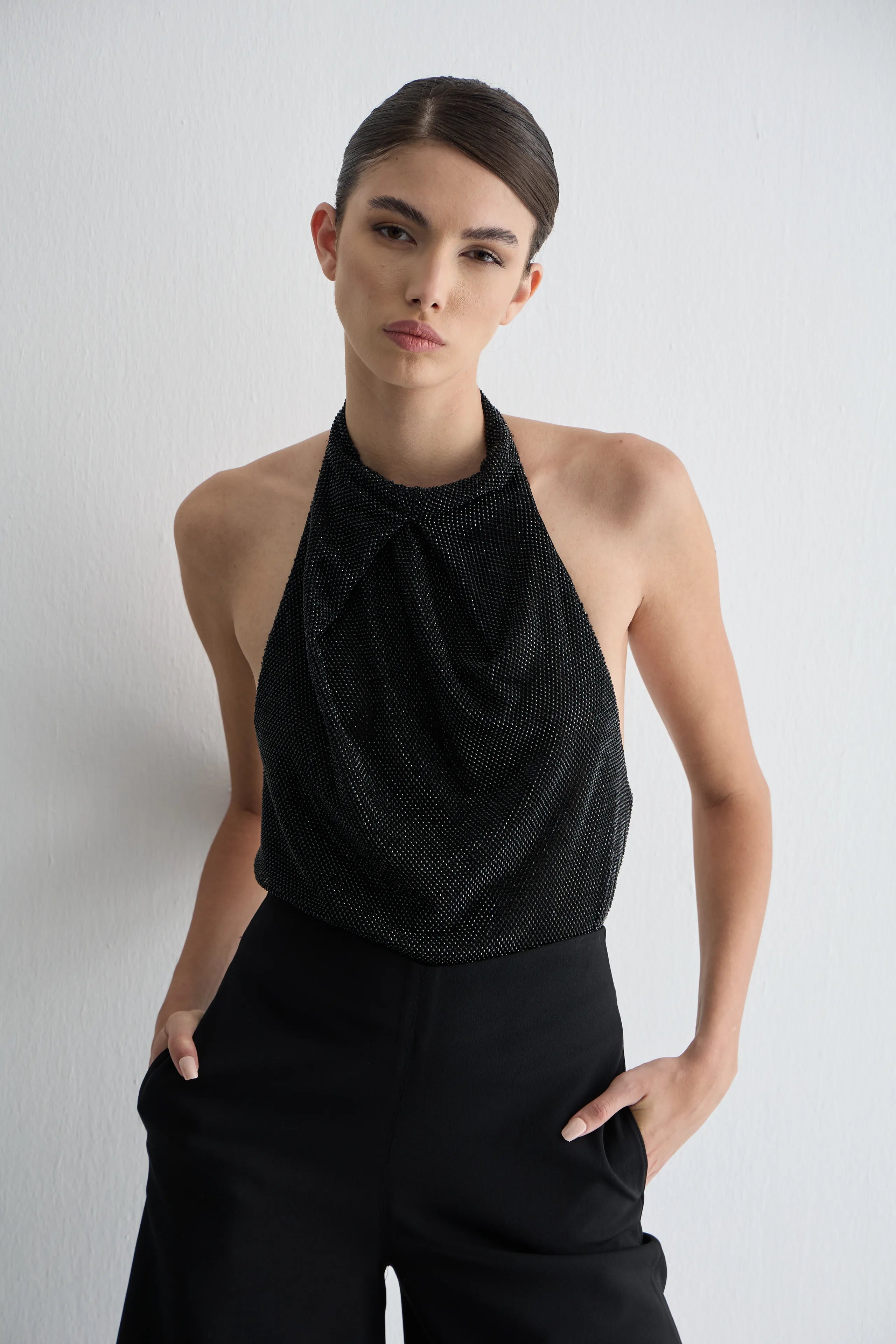 Gaia n Uranos Siyah Taş İşlemeli Drapeli Bluz