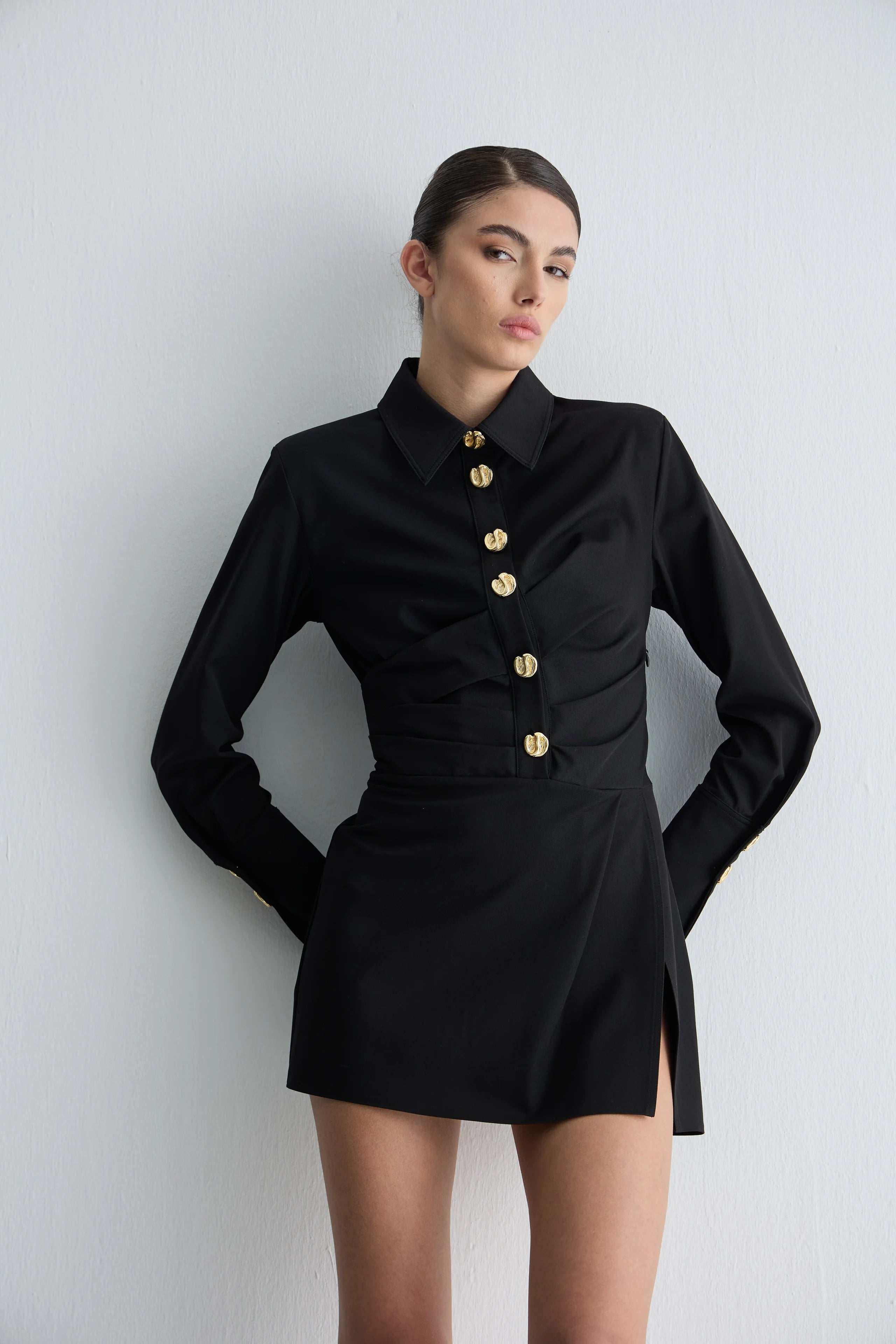 Gaia n Uranos Gold Düğme Detaylı Mini Gömlek Elbise