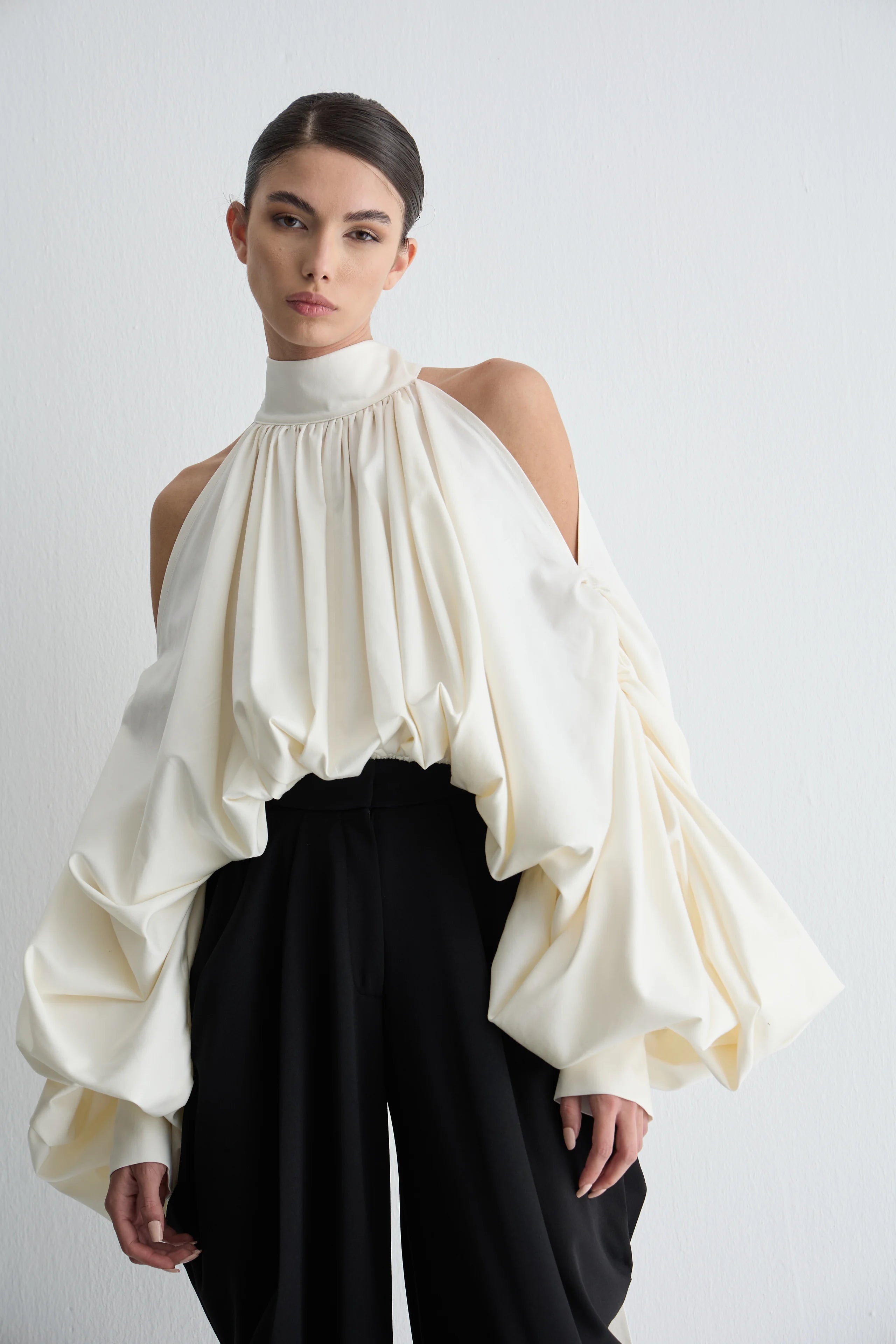 Gaia n Uranos Halter Yaka Drapeli Poplin Bluz