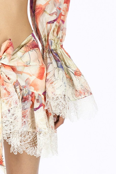 Haleia Bloom Print Bağlama Detaylı Dantelli Mini Etek