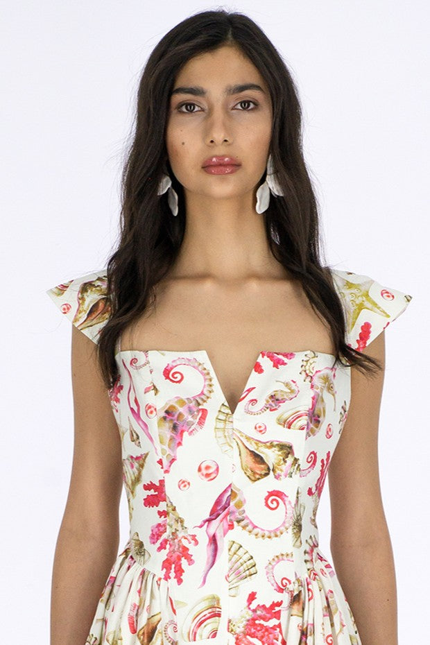 Haleia Coral Shell Marin Desenli Volanlı Mini Elbise