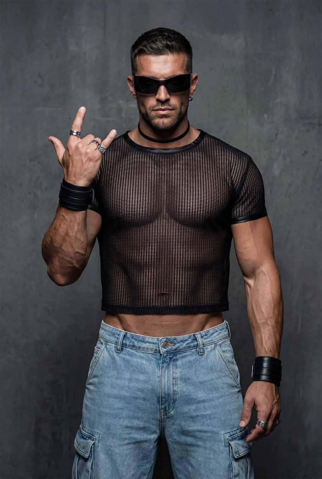 Piel Suni Deri Detaylı Transparan File Erkek Crop Top