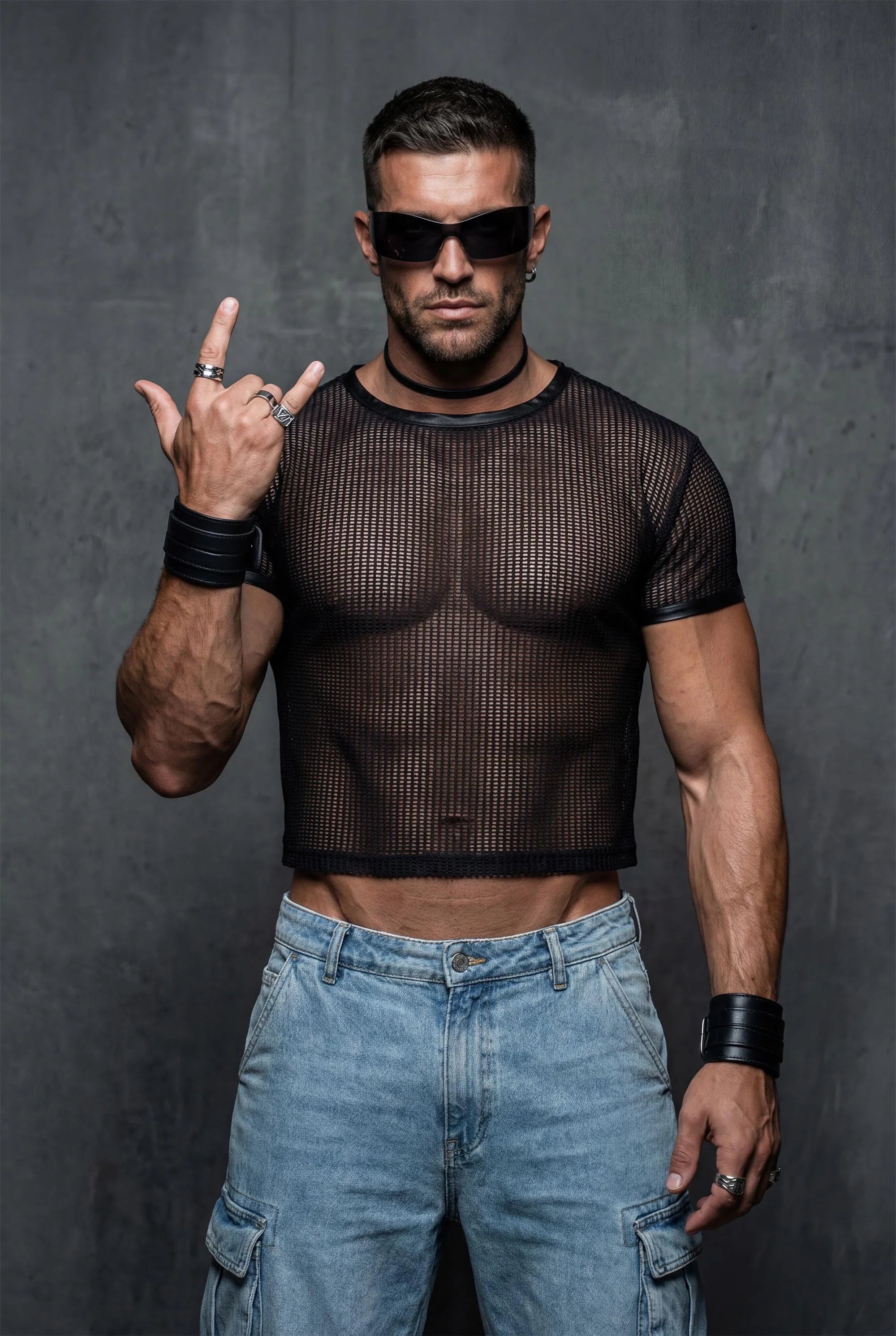 Piel Suni Deri Detaylı Transparan File Erkek Crop Top
