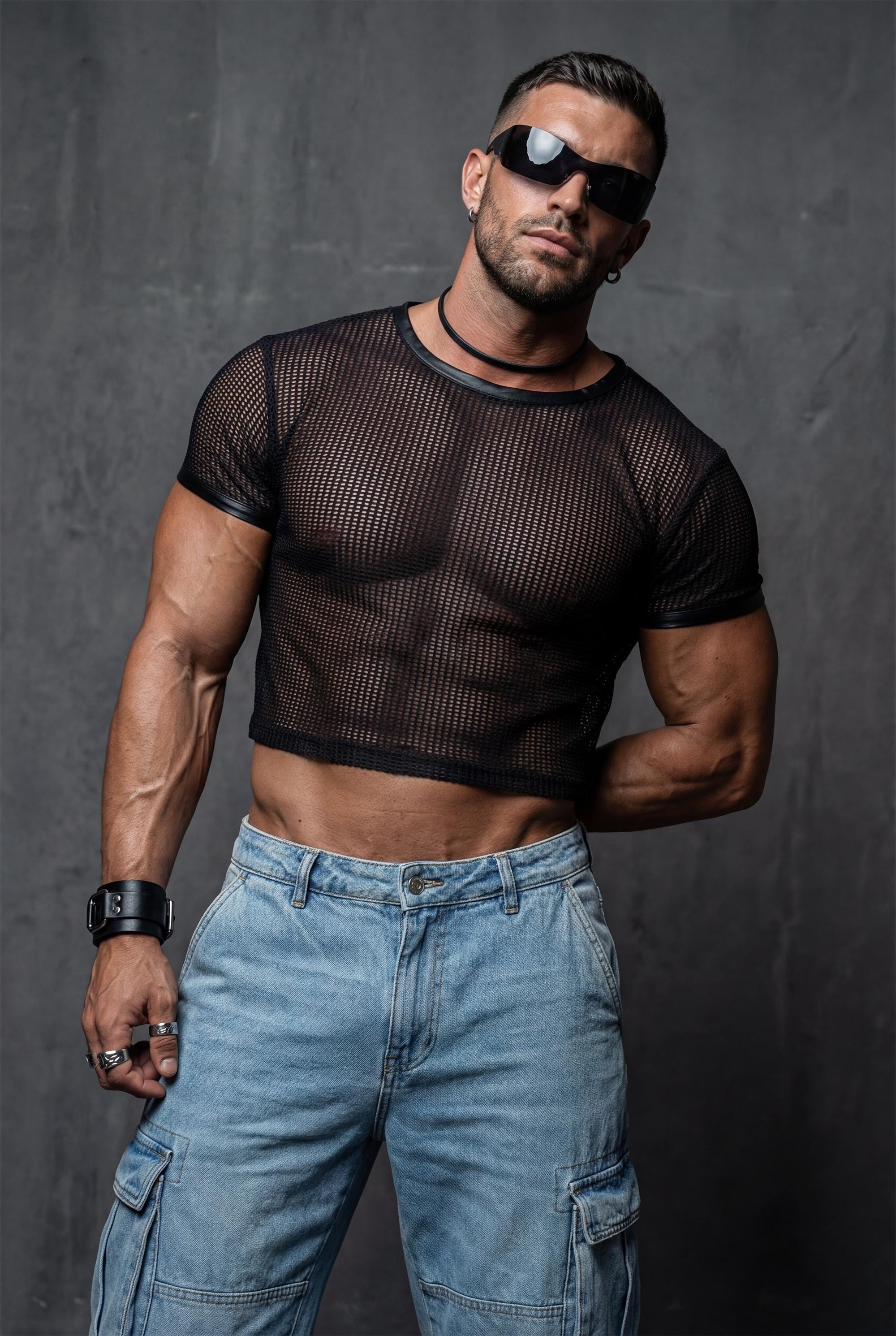 Piel Suni Deri Detaylı Transparan File Erkek Crop Top