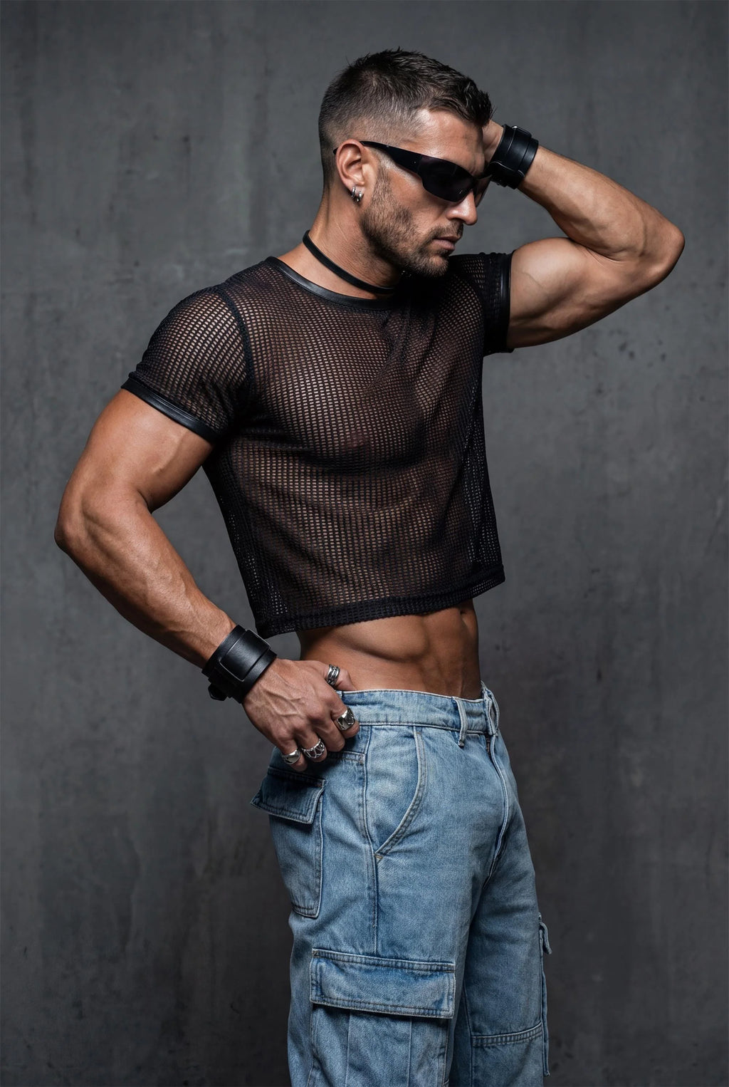 Piel Suni Deri Detaylı Transparan File Erkek Crop Top