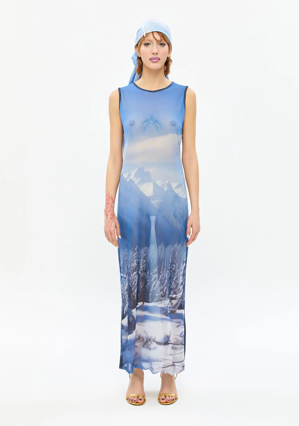 Tiny Brrr Blue Transparan AI Baskılı Tül Elbise