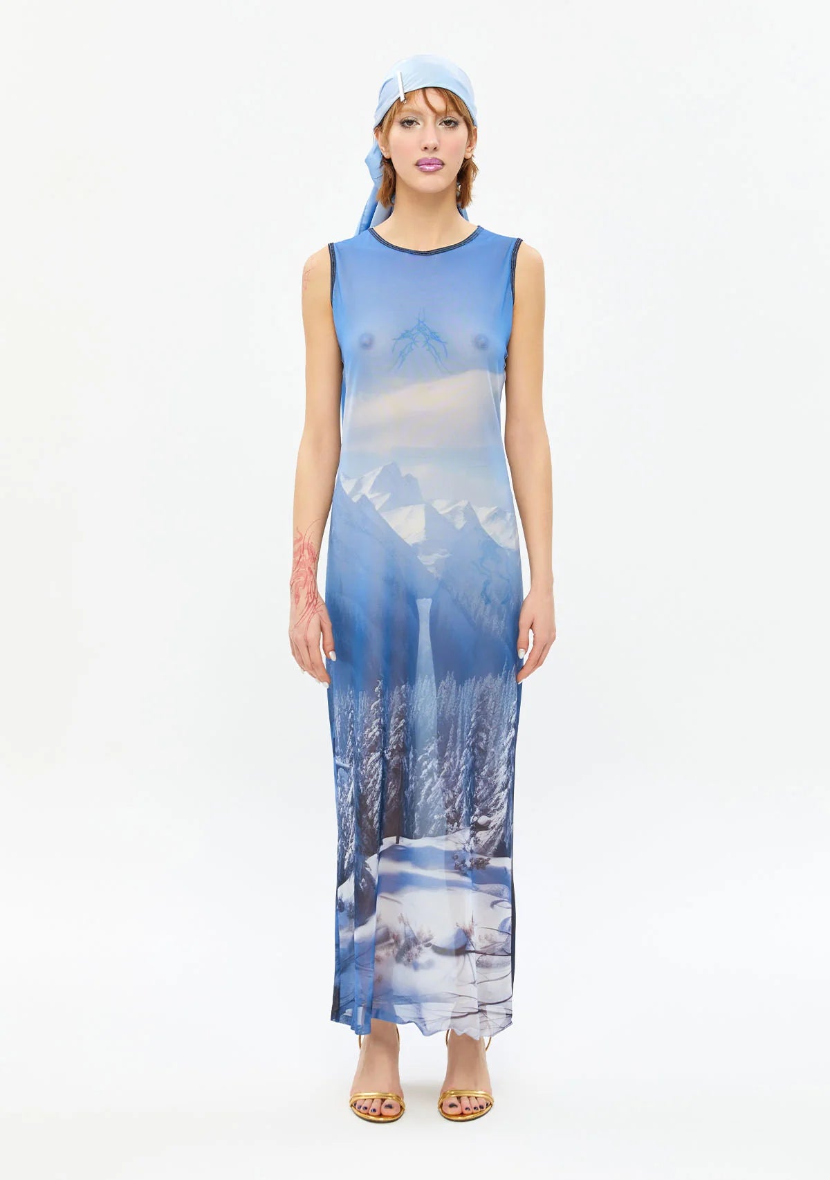 Tiny Brrr Blue Transparan AI Baskılı Tül Elbise