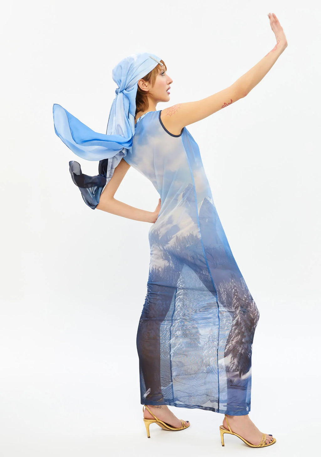 Tiny Brrr Blue Transparan AI Baskılı Tül Elbise