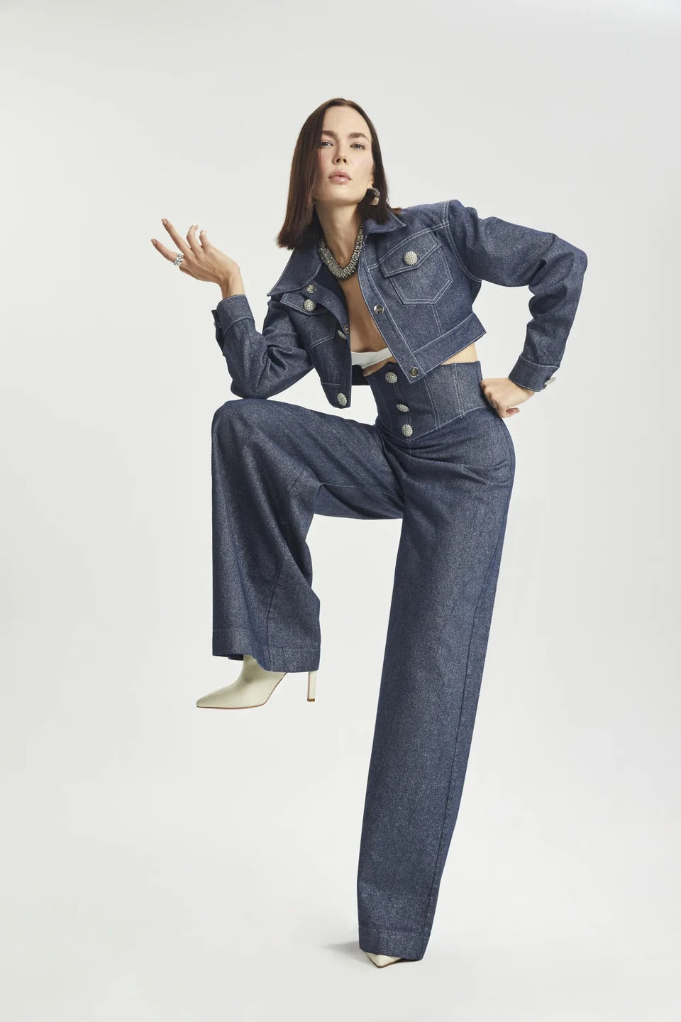 Haleia Corset Bel Detaylı Geniş Paça Denim Pantolon