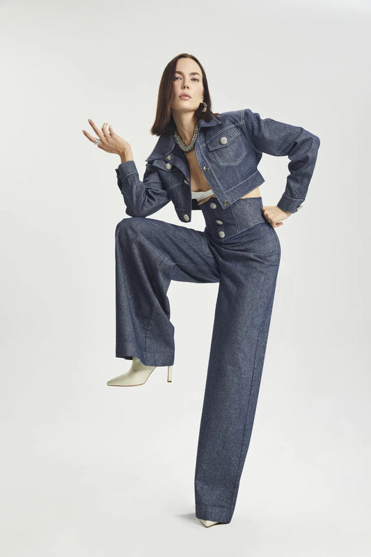 Haleia Corset Bel Detaylı Geniş Paça Denim Pantolon