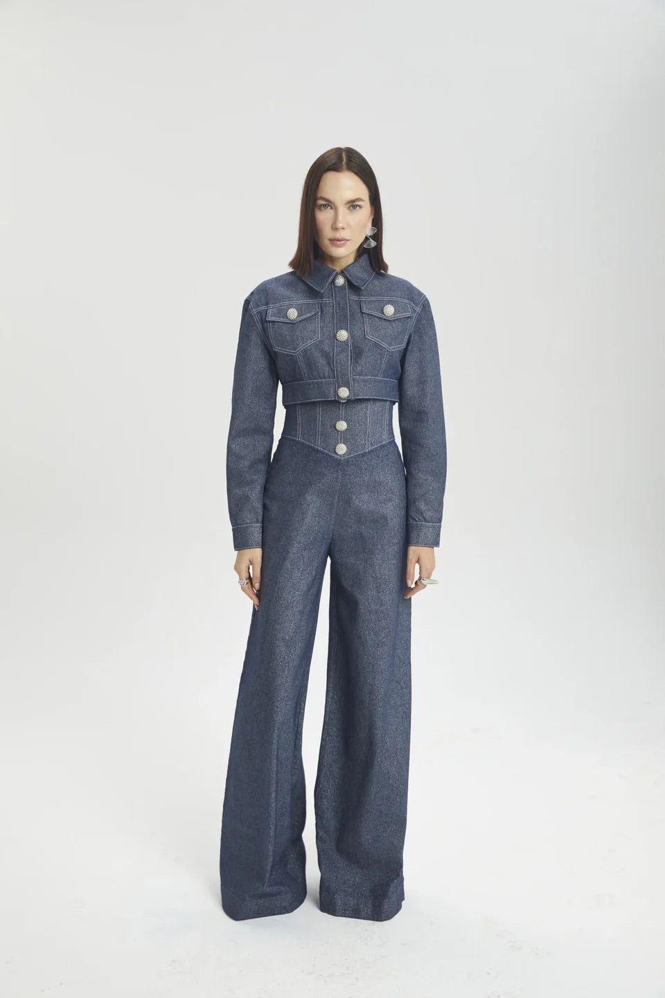 Haleia Corset Bel Detaylı Geniş Paça Denim Pantolon