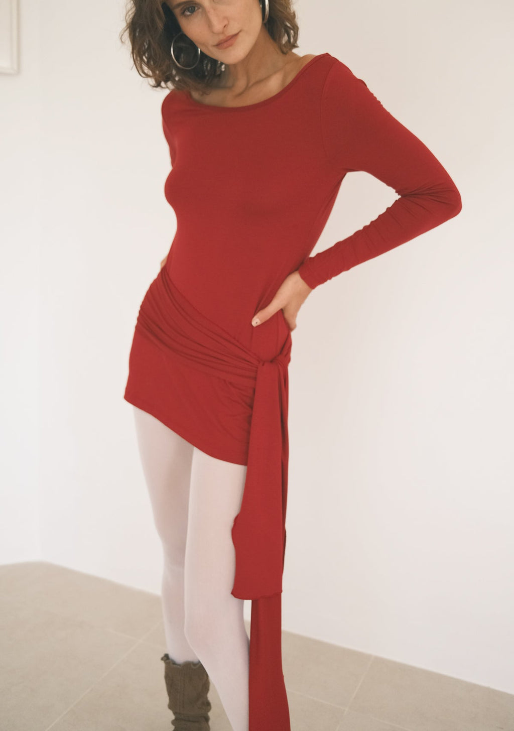 Tiny Bordo Düşük Omuz Mini Elbise - Görsel 9