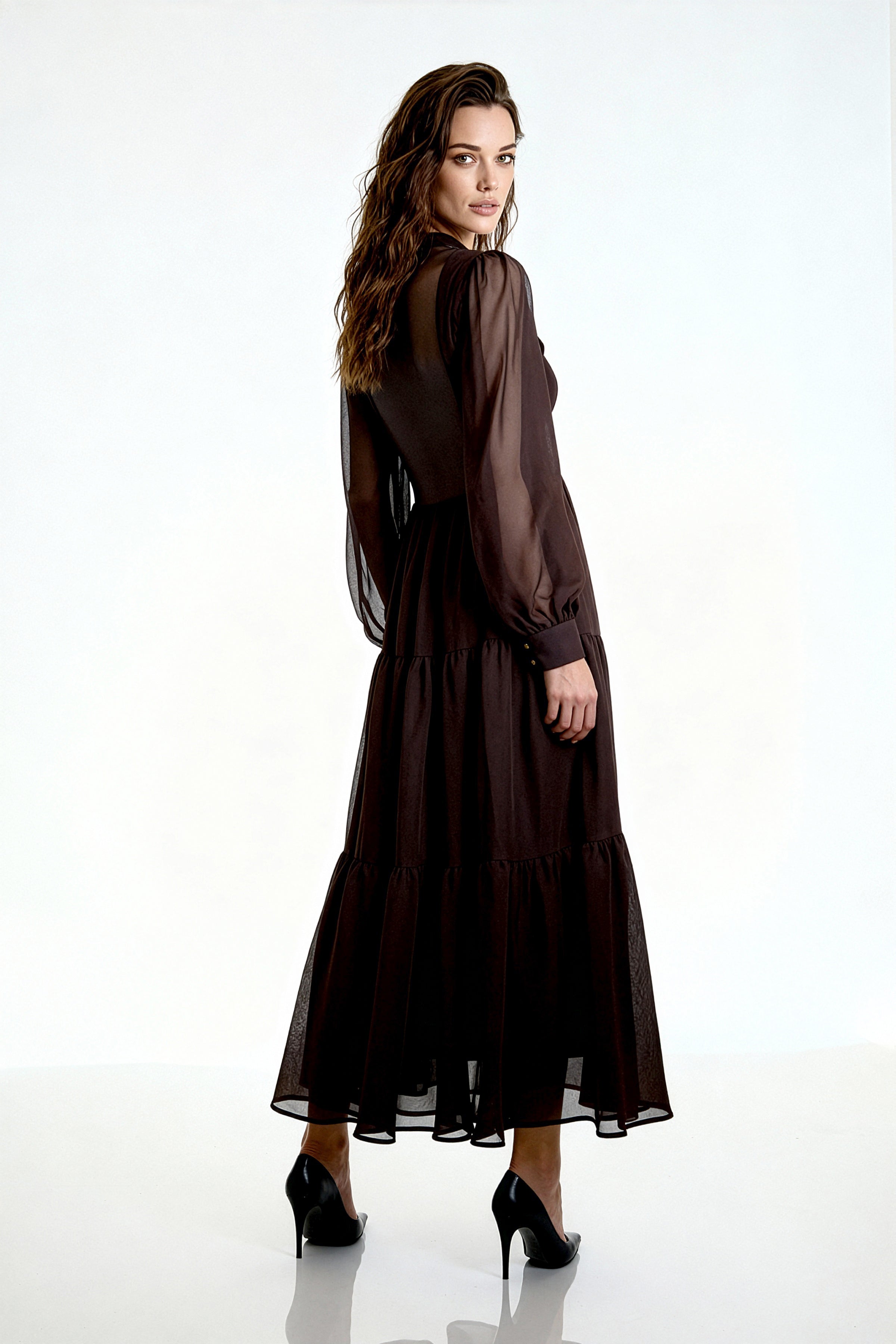 Şifon Uzun Kollu Volanlı Maxi Elbise